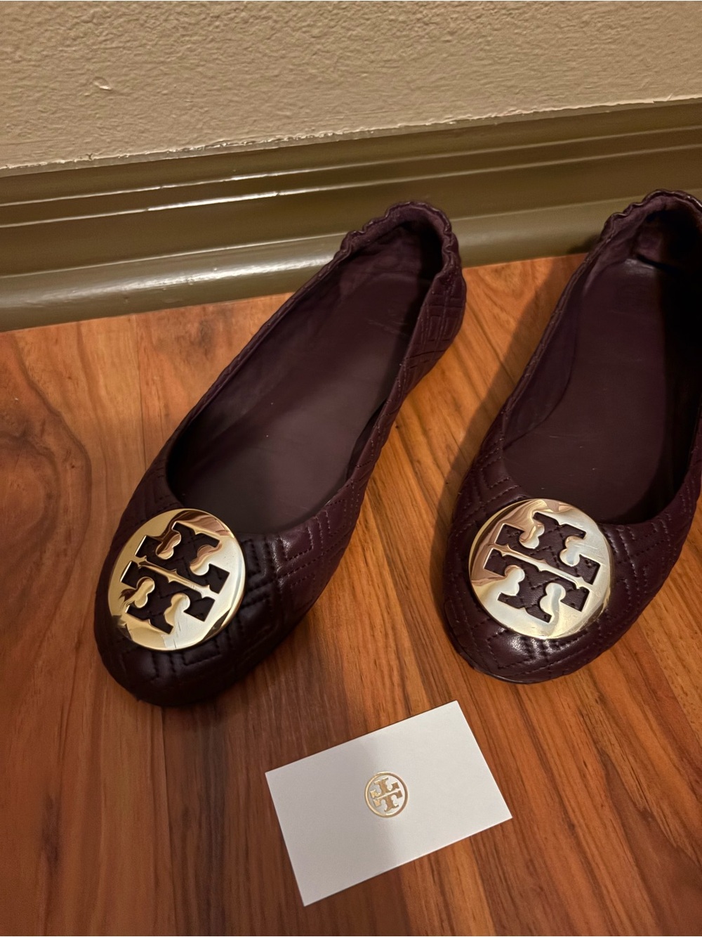 Tory Burch Quilted Leather Ballet Flats — Wine with Gold Logo - Picture 3 of 3